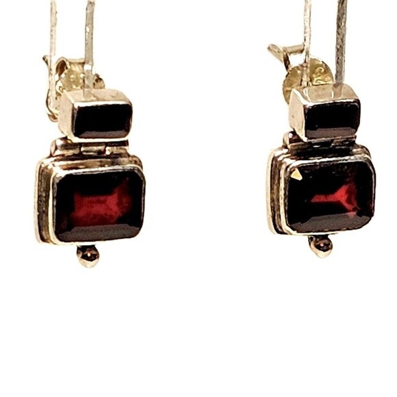 925K GARNET EARRINGS DANGLE DOUBLE STONE ARTICULATING POST STUD 1960s EUC! - Picture 5 of 14